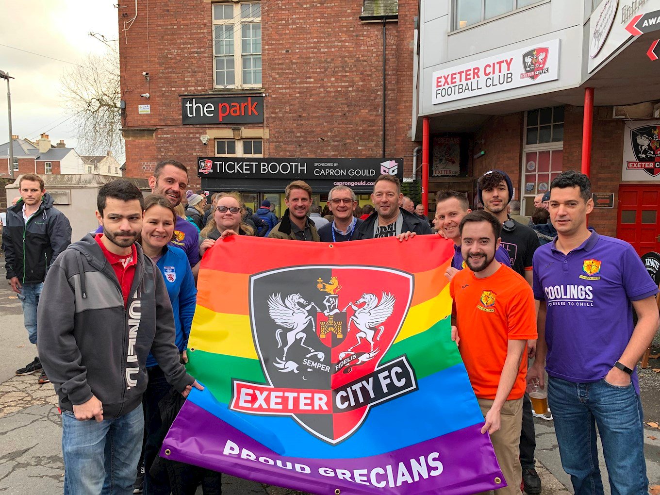 Proud Grecians and volunteers before the Exeter v Northampton Rainbow Laces game.jpg